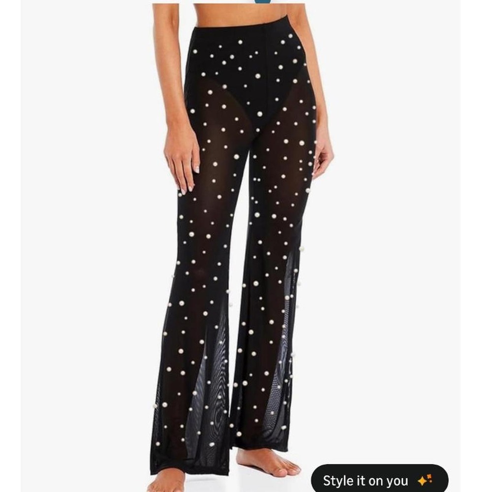 Women's  See Through Wide Leg Long Pants Pearl Decor Elastic Waist Trousers